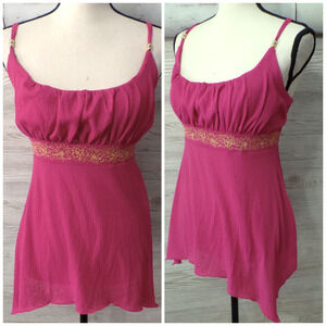 Y2k Babydoll top L Asymmetric Pink Crinkle Gold embroidery Coquette Boho Fairy